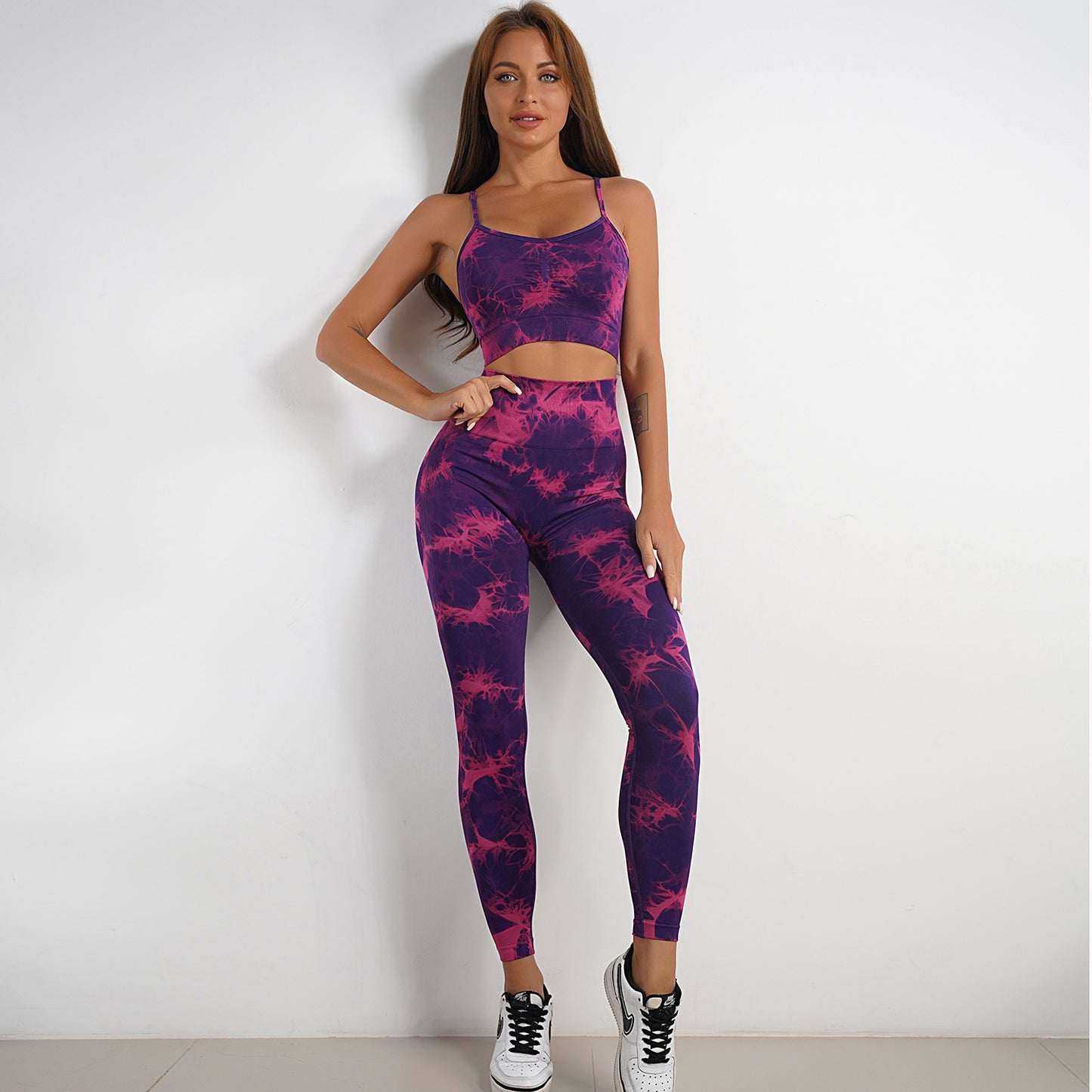 Women's Tie-dye Print Sports High Waist Trousers Or Shorts Set